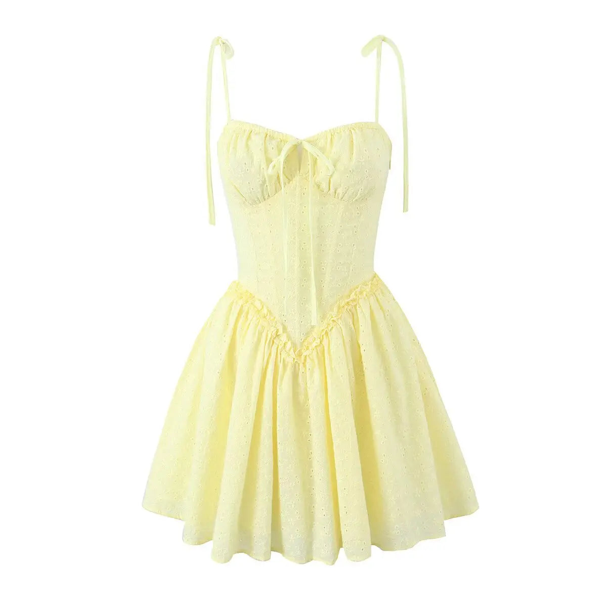 Front flat lay, sweetheart ruched bust with center front bow, solid yellow eyelet embroidered flare mini dress.