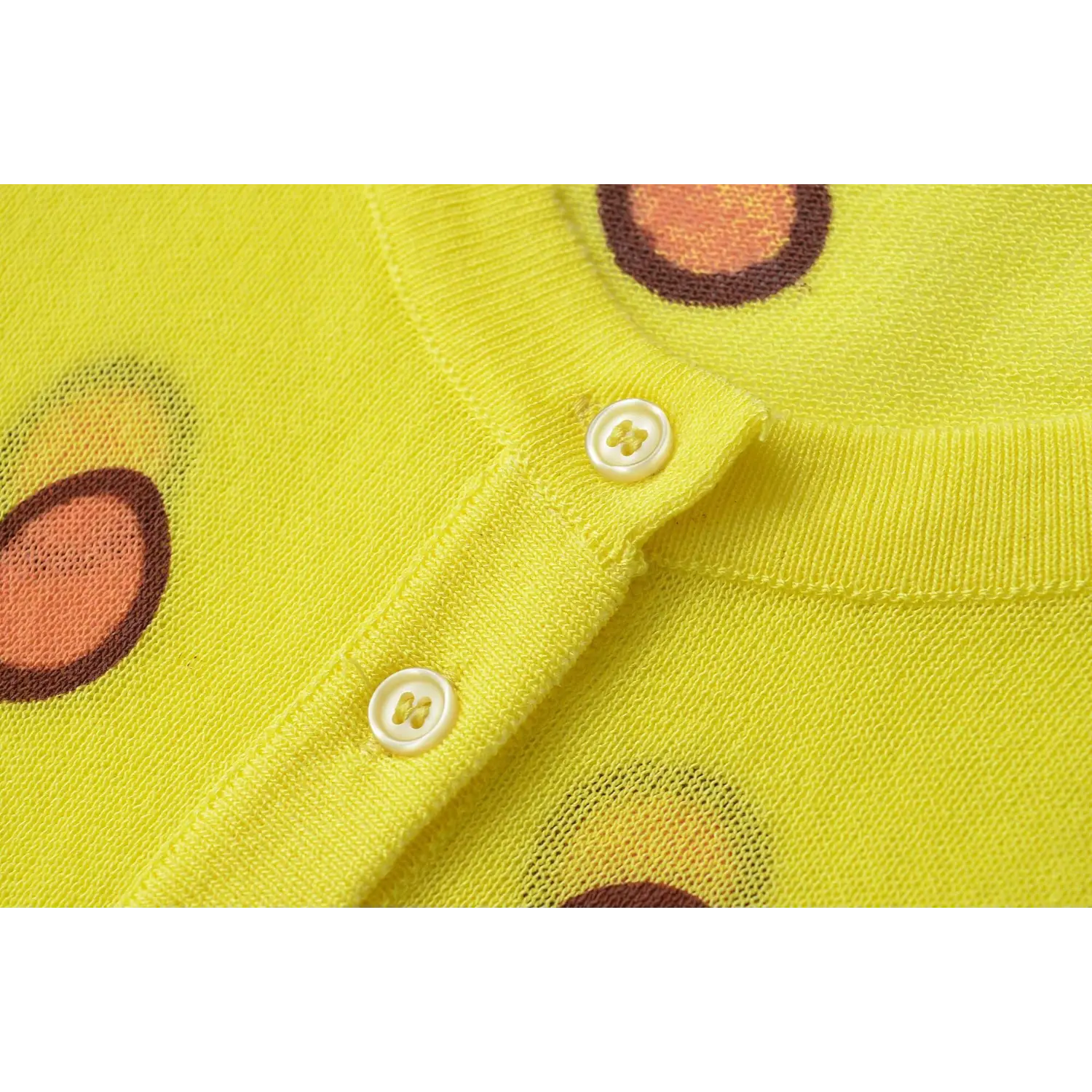 Button placket macro close-up, round shell buttons, rib placket edge, yellow polka dot knit