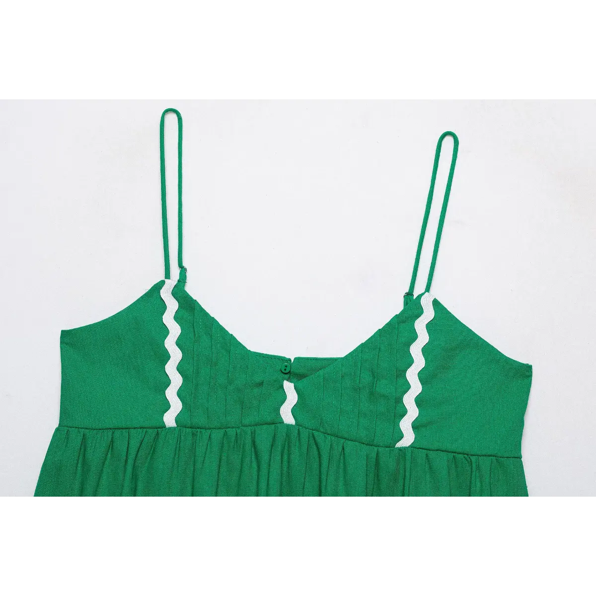 Center single button + white ric rac detail green textured woven fabric