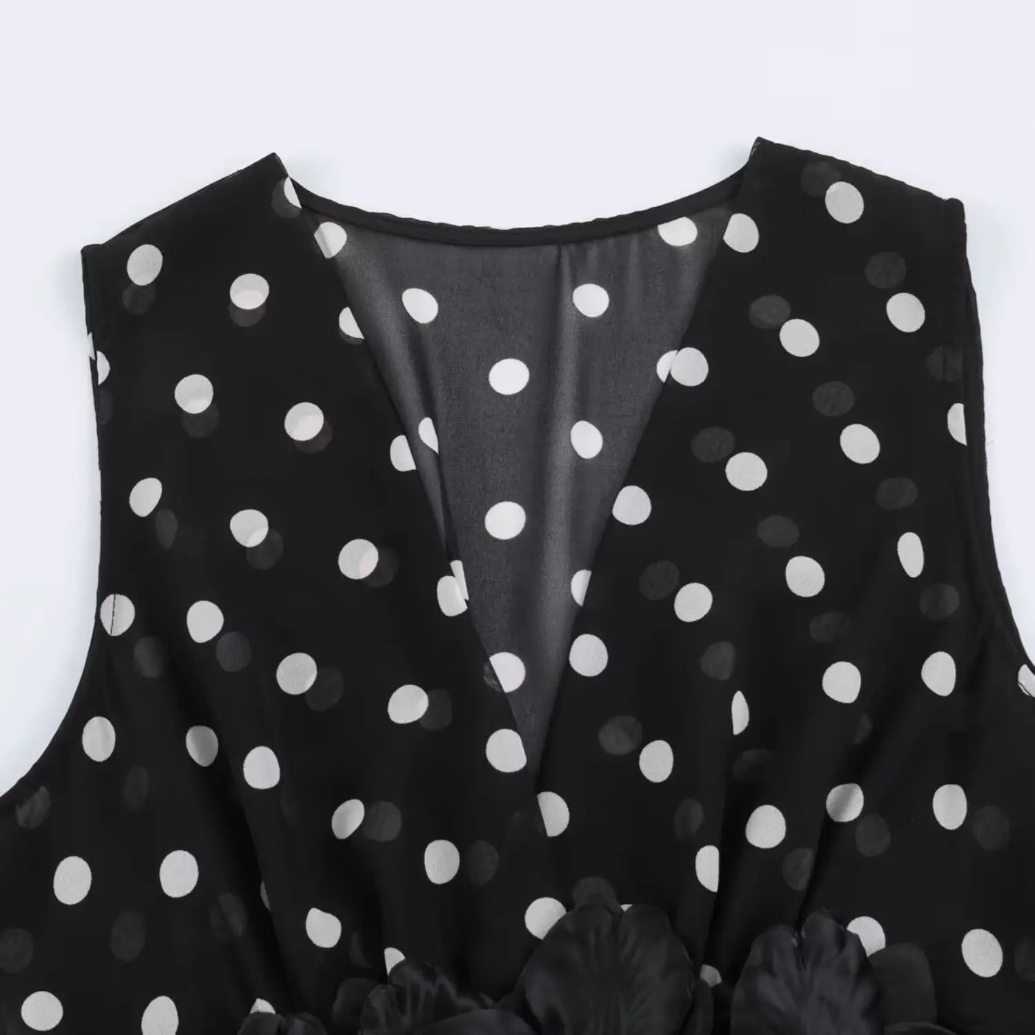 1. Front deep V neckline partial macro shot, lightweight sheer polka dot chiffon fabric, fine serged neck stitching
