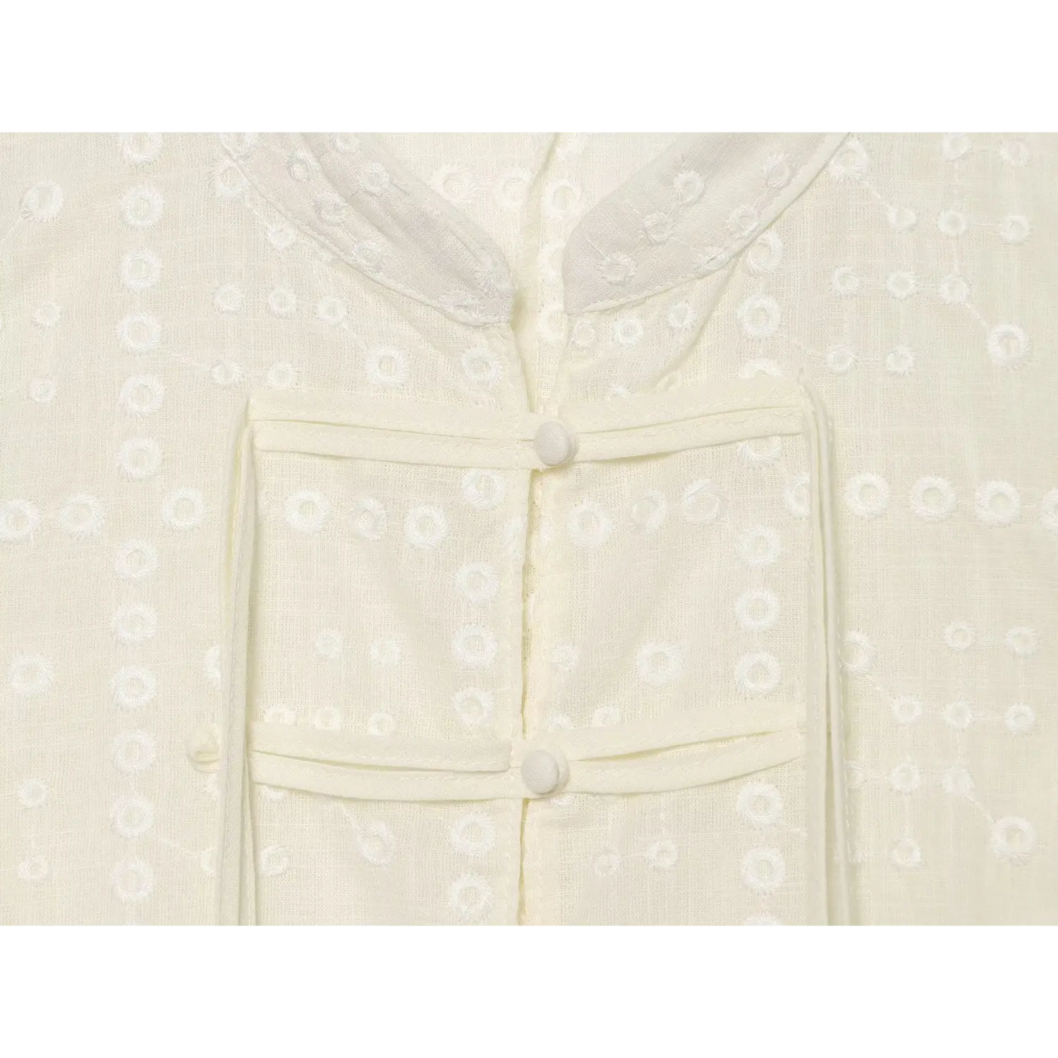 Front matching fabric frog button macro close-up, double woven tape tight stitching evenly spaced vintage Chinese placket detail shot