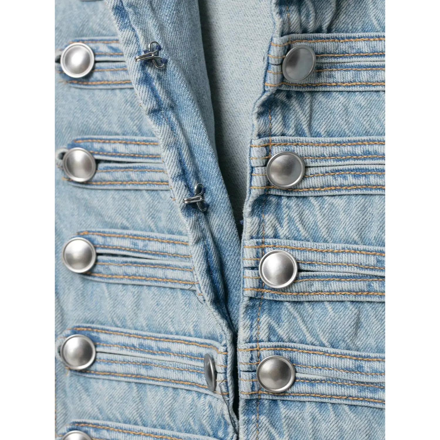 Interior front hook fastener detail, structured womens denim cropped waistcoat