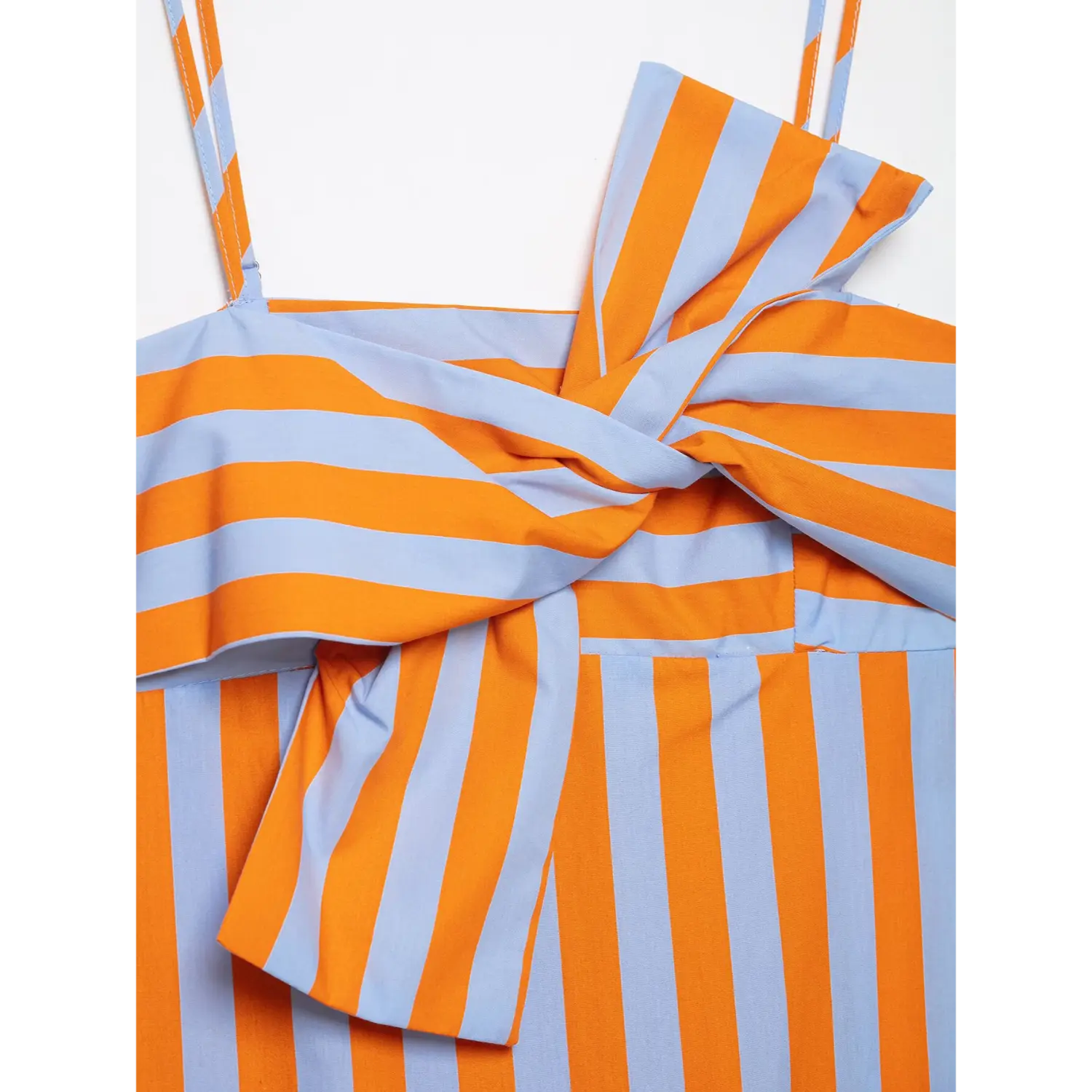 Partial view gathered ruffle skirt panel on orange blue striped cami maxi dress