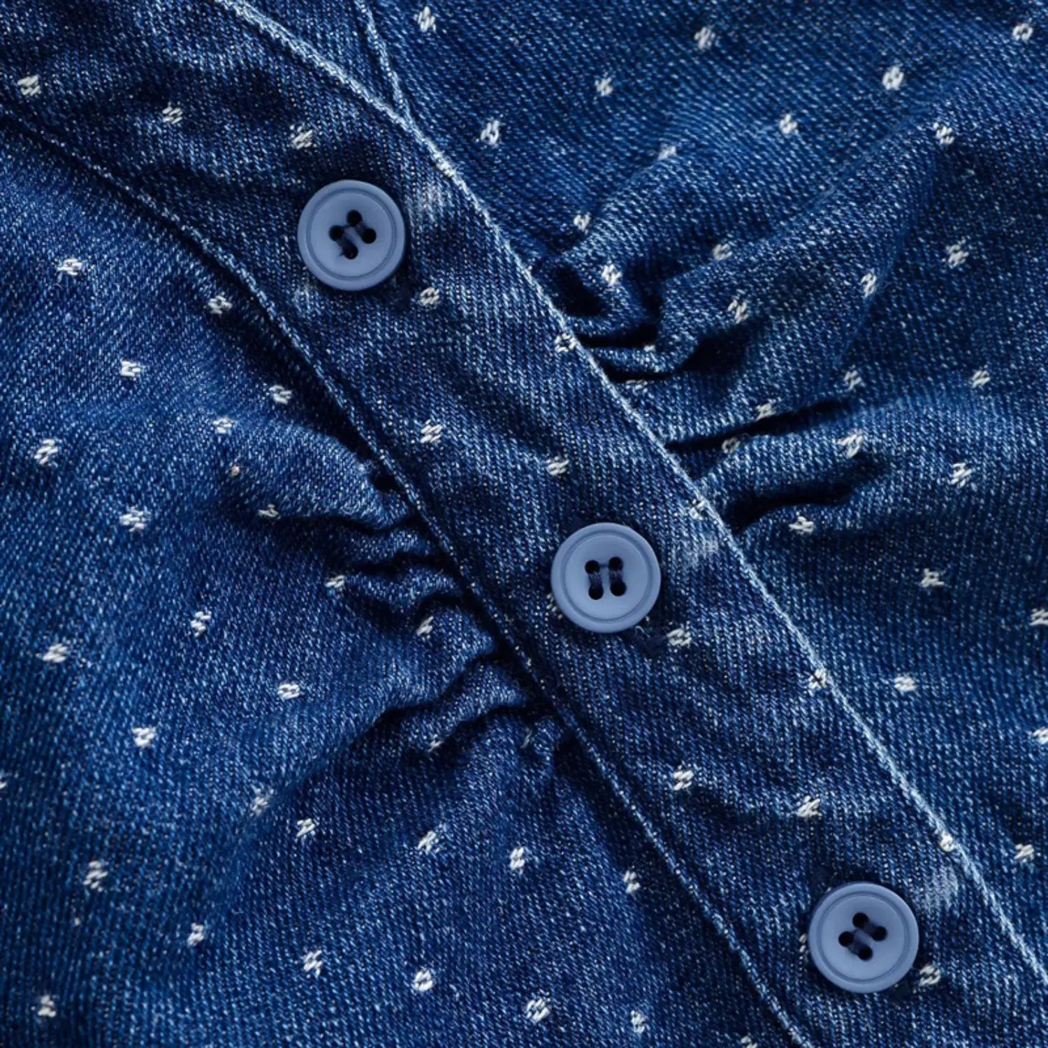 Button placket macro shot, matching dark blue fabric covered buttons, reinforced buttonhole stitching, bust ruched seam gathering craft