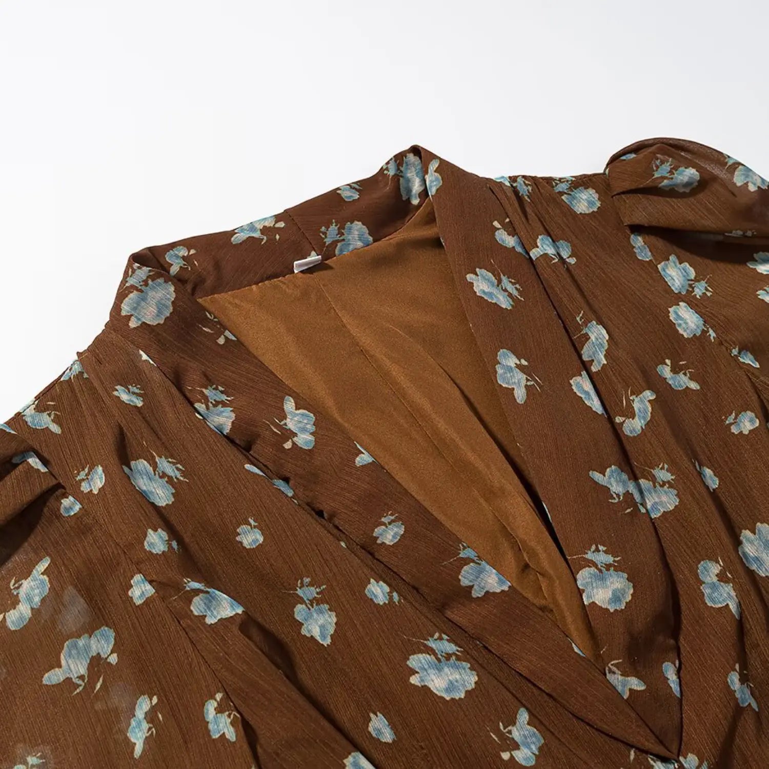 V neck front draped folded placket close-up, soft crinkled sheer chiffon material