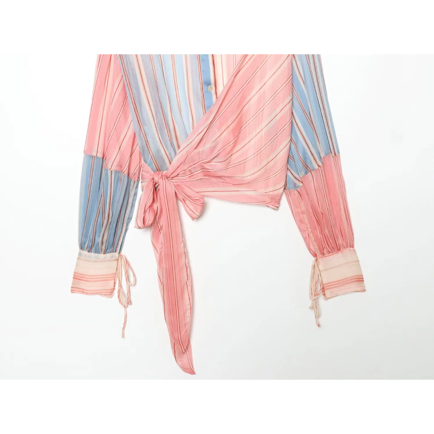 Waist wrap partial shot, cross overlap front, long self fabric tie sash, colorblock pink blue stripe layout