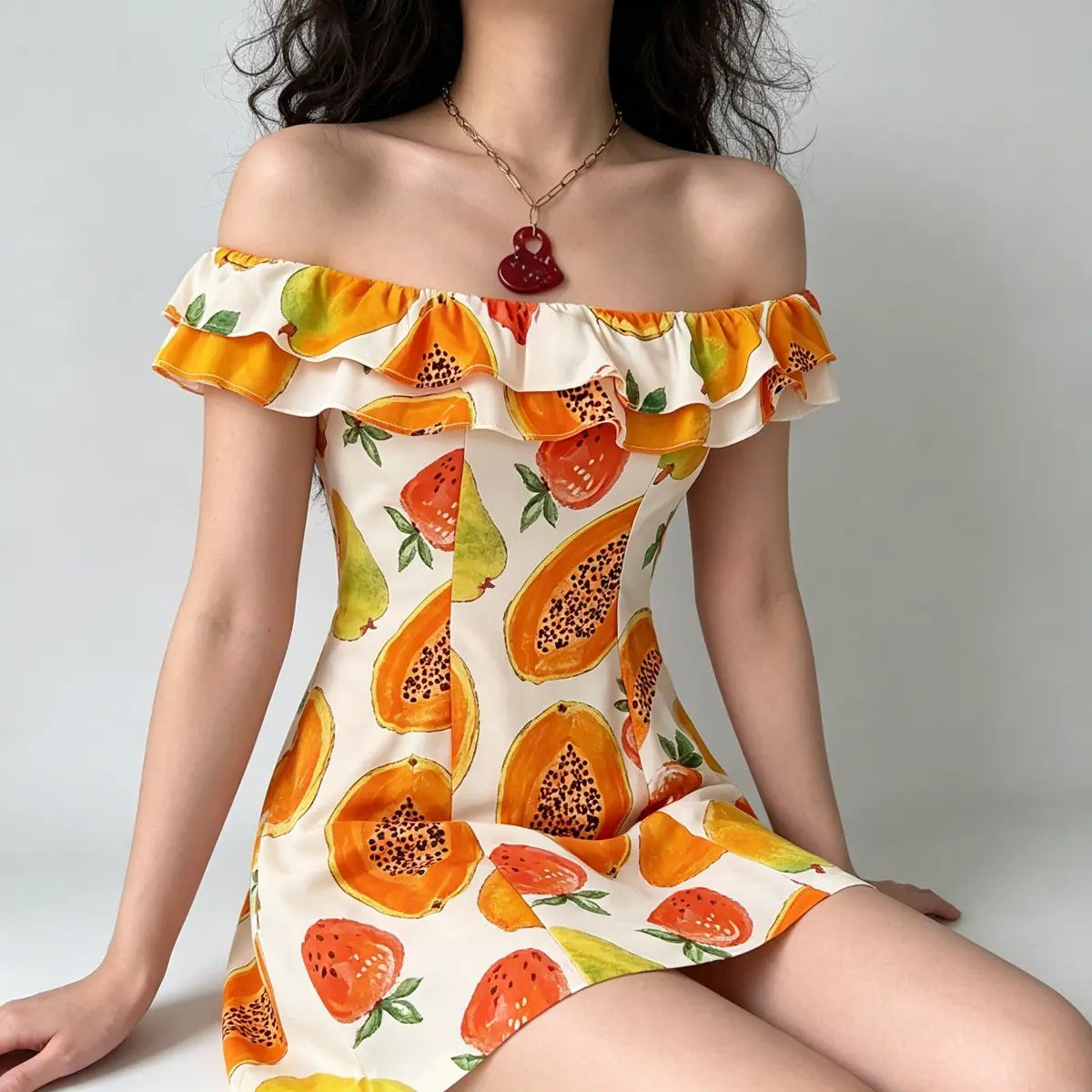 Model sitting in off-shoulder fruit print mini dress, showcasing the fitted silhouette and ruffled neckline.
