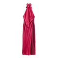 Full front flat lay satin maxi dress, fuchsia base two-tone circle polka dot print, halter neck with self-fabric bow tie, side waist ruched detail, vertical side thigh slit with contrast small dot lining panel
