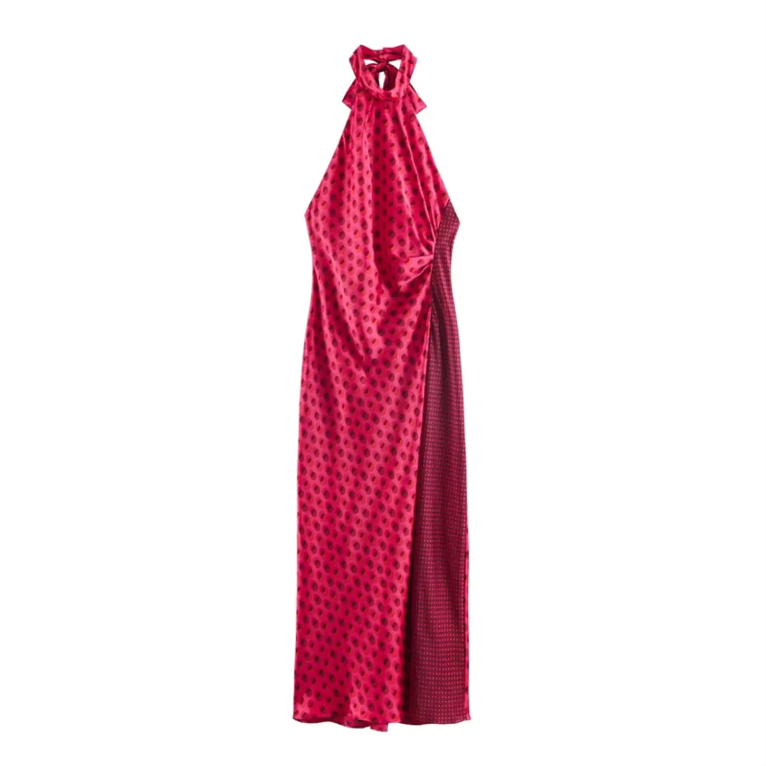 Full front flat lay satin maxi dress, fuchsia base two-tone circle polka dot print, halter neck with self-fabric bow tie, side waist ruched detail, vertical side thigh slit with contrast small dot lining panel