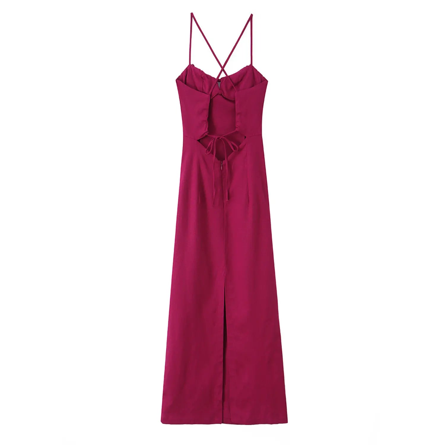 Back view isolated white background, fuchsia maxi dress with lace-up cutout and rear hem slit