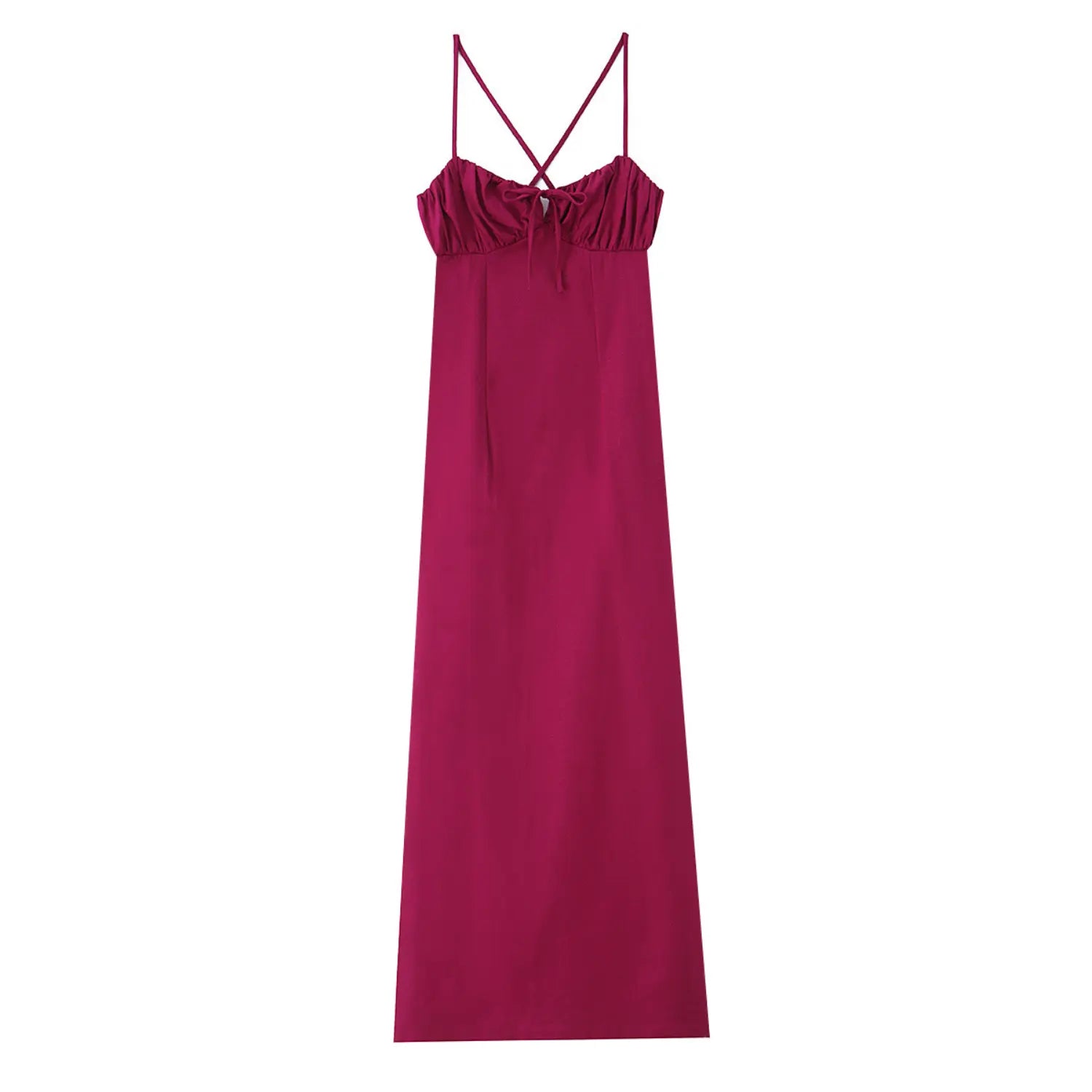 Front view isolated white background, fuchsia spaghetti strap maxi dress with bust tie detail