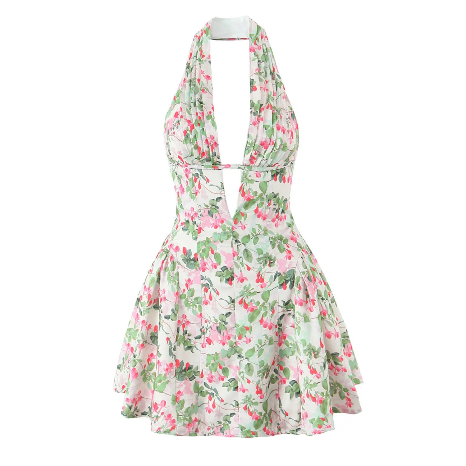 Front full product shot, wrap halter tie neck, ultra deep plunge V cutout, fitted corset waist, heavily gathered A-line mini skirt, off-white base with pink-red fuchsia flower print