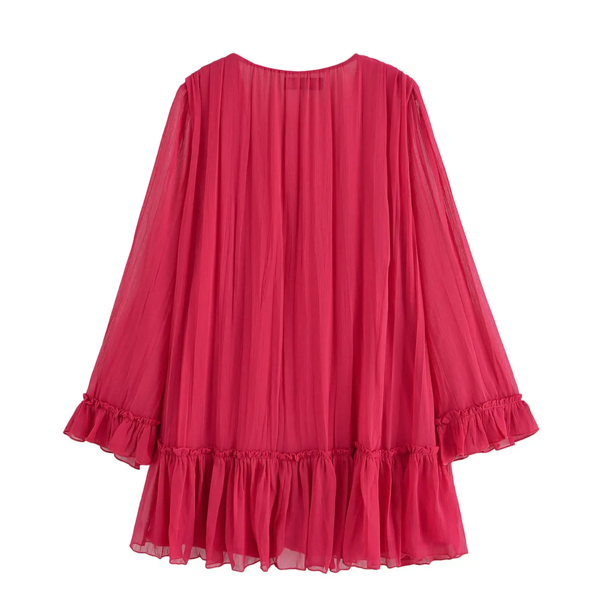 Fuchsia tie neck ruffle tiered mini dress, back flat lay