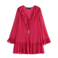 Fuchsia tie neck ruffle tiered mini dress, front flat lay
