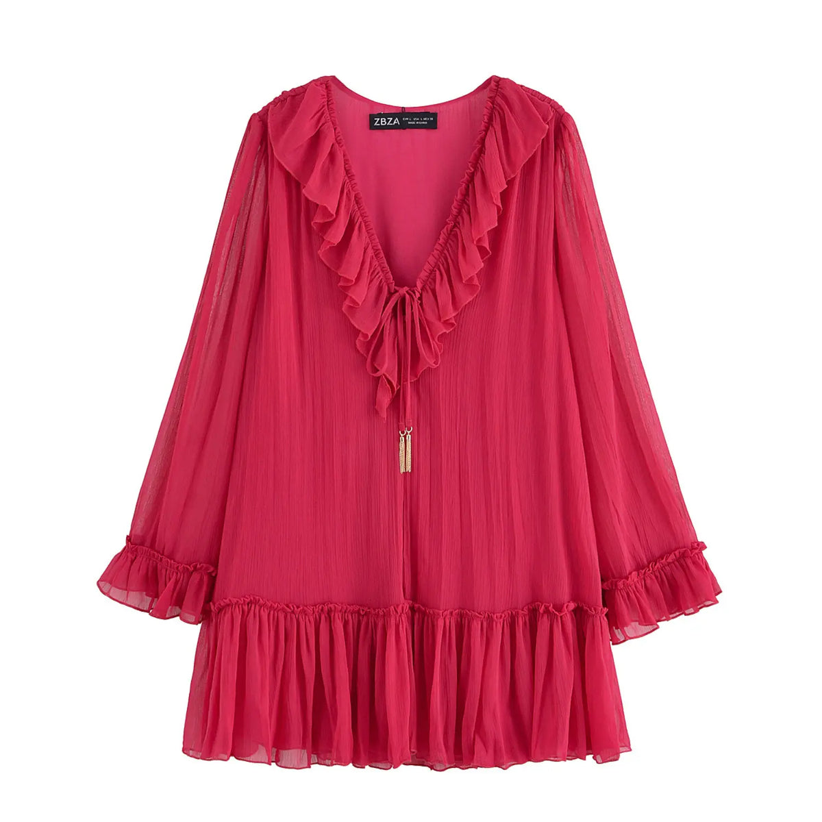 Fuchsia tie neck ruffle tiered mini dress, front flat lay