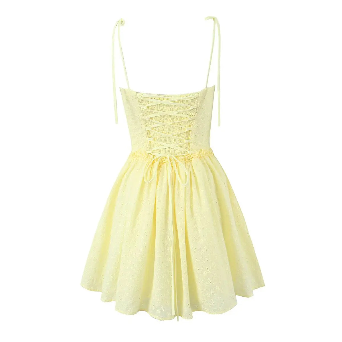  Full back flat photo, cross ribbon lace-up back, adjustable tie straps, allover hollow floral embroidery mini sundress.