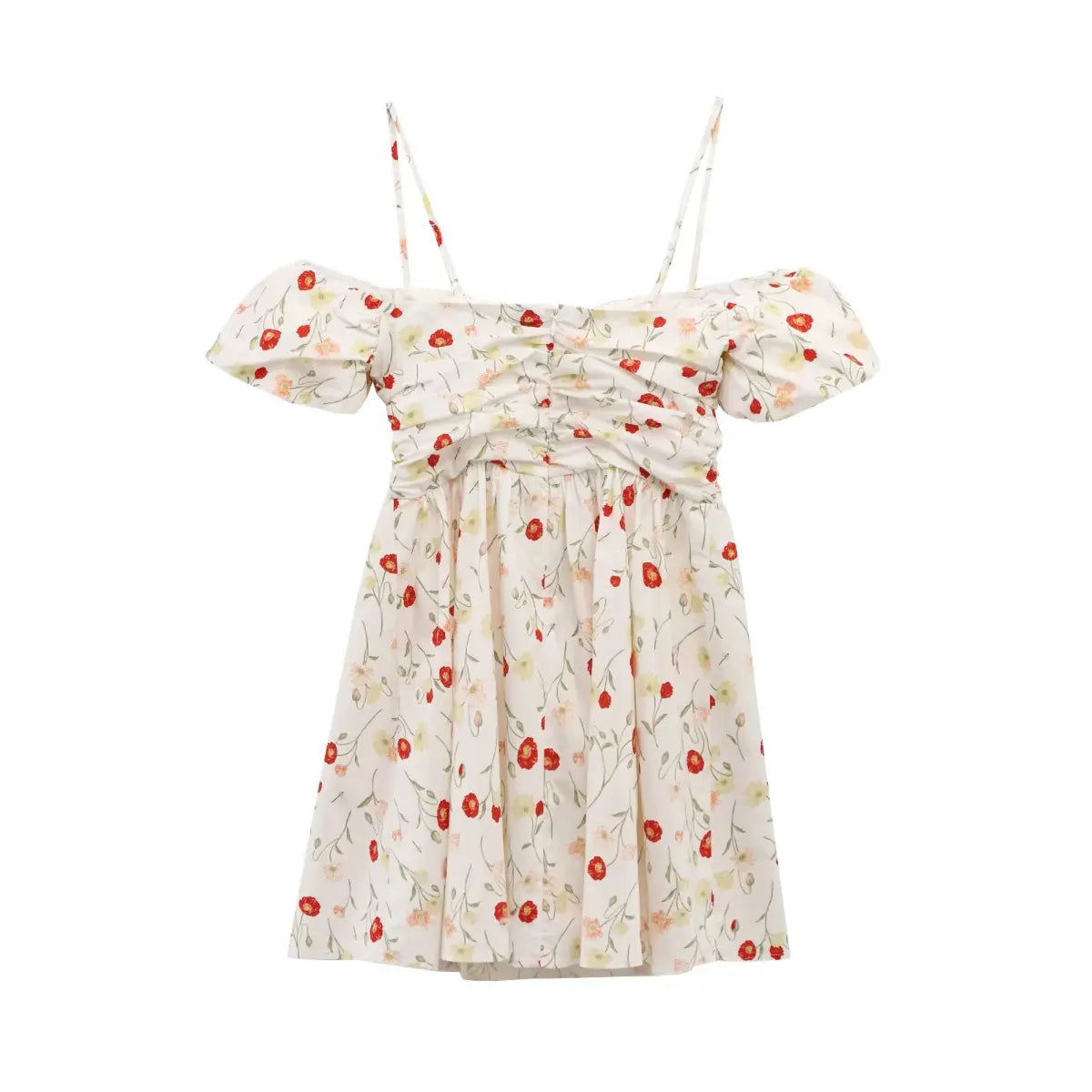  Flat-lay back view of a white poppy-print off-shoulder dress, showing the center zipper and gathered bodice.