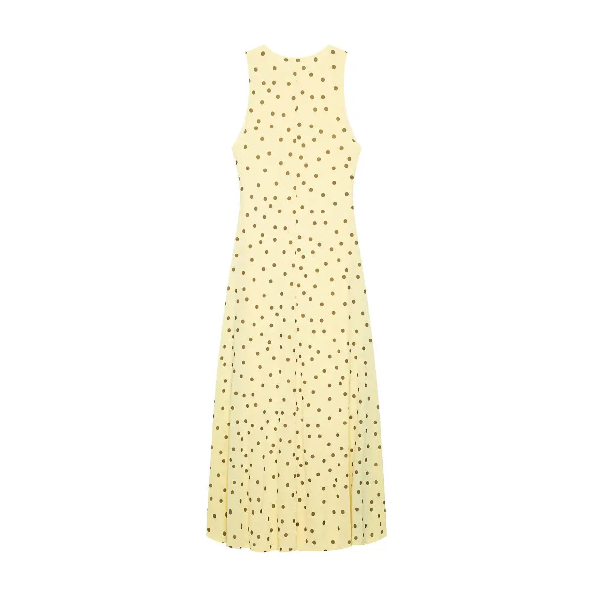 Full back flat lay high halter neck brown dot chiffon maxi sundress