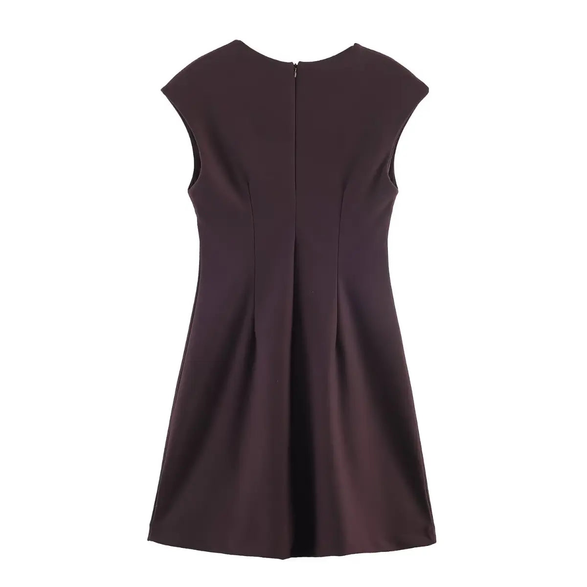 Full back view of a brown V-neck cap sleeve mini dress, showcasing the hidden zipper, back seams, and A-line silhouette.