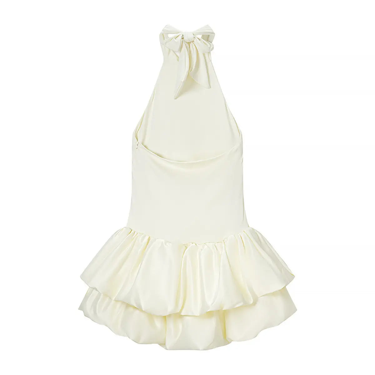 Full back view of a cream halter neck mini dress, showcasing the large back bow and double-layered ruffled hem.