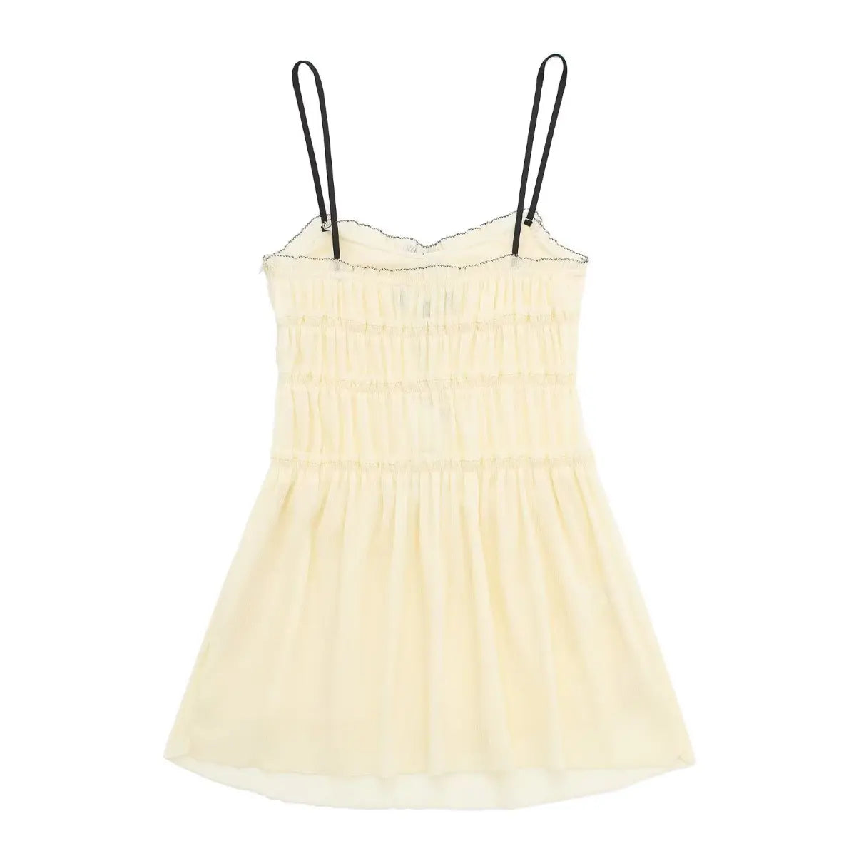 Full back view of a cream smocked cami mini dress, showing the tiered smocked bodice, black straps, and flowy A-line skirt.