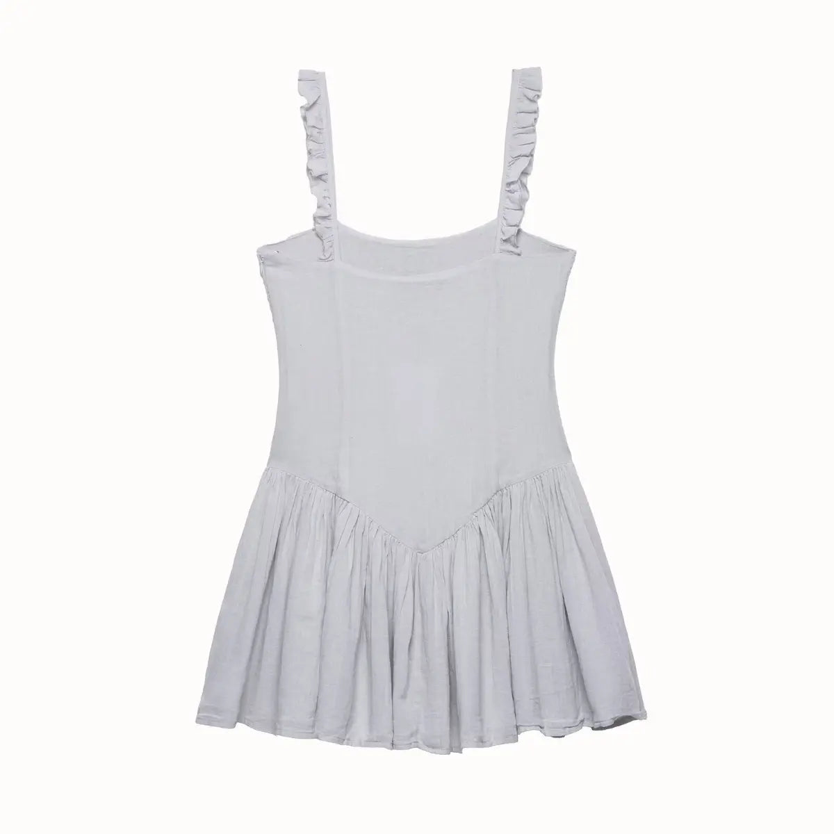 Full back view of a gray lace cami mini dress, showcasing the simple back and ruffled straps.