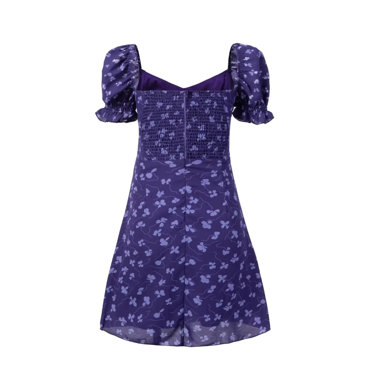  Full back view of a purple floral print mini dress, showcasing the smocked panel, hidden zipper, and puff sleeves.