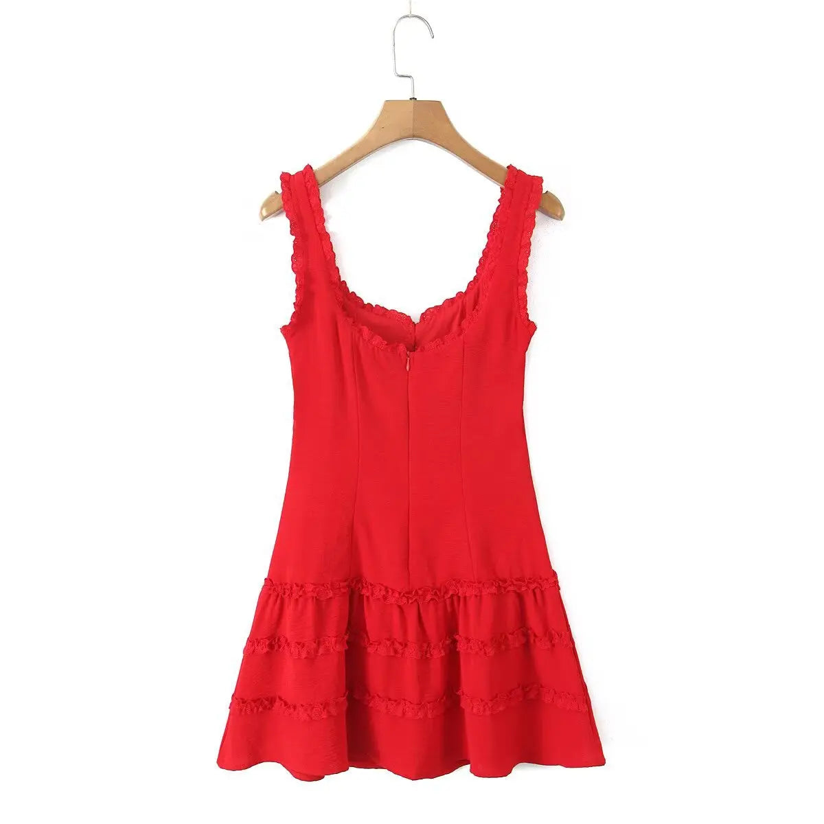 Full back view of a red lace-trimmed cami mini dress, showcasing the back zipper closure and tiered lace skirt.