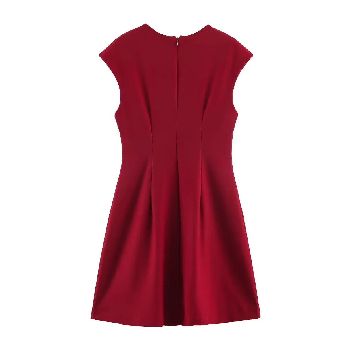  Full back view of a red V-neck cap sleeve mini dress, showcasing the hidden zipper and structured back seams.