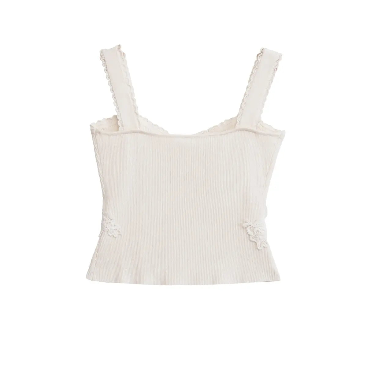 Full back view of a white ribbed cami top, showing the scalloped lace straps and side floral appliqus.