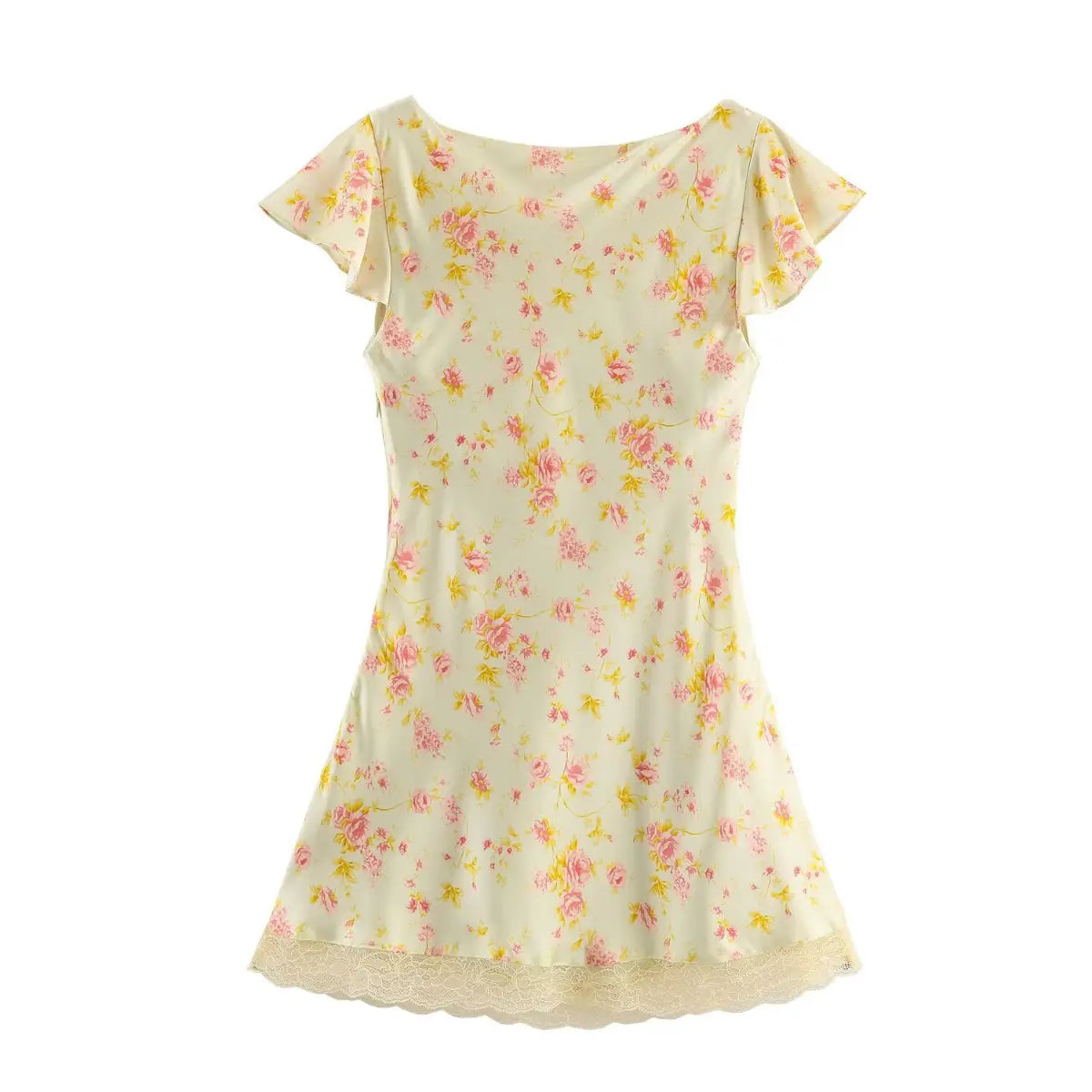 Full back view of a pale yellow floral mini dress, showing the back neckline and lace hem.