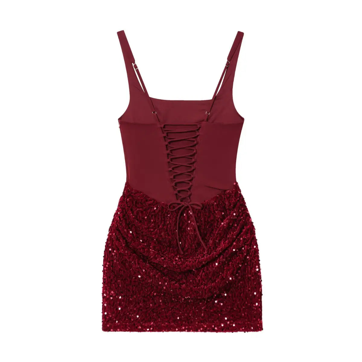 Full back view of a wine red corset sequin dress, showcasing the lace-up back, tied bow detail, and gathered sequin skirt.