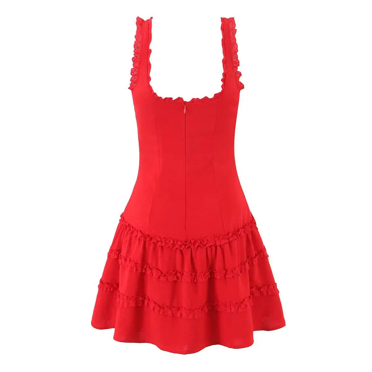 Full back view of a red lace-trimmed cami dress, highlighting the center back zipper and tiered lace skirt.
