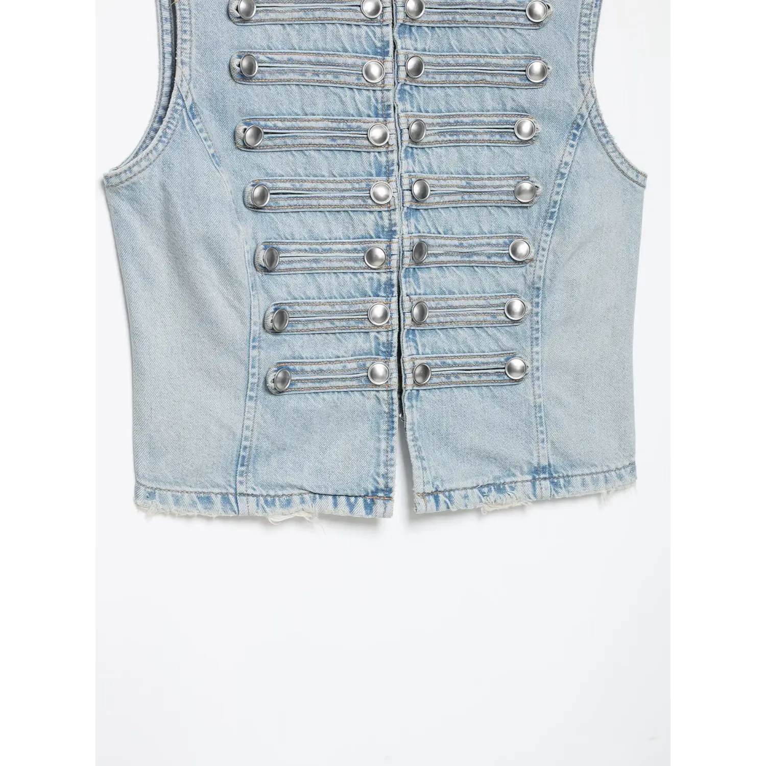 Full front view layered strap and silver button design slim fit denim vest