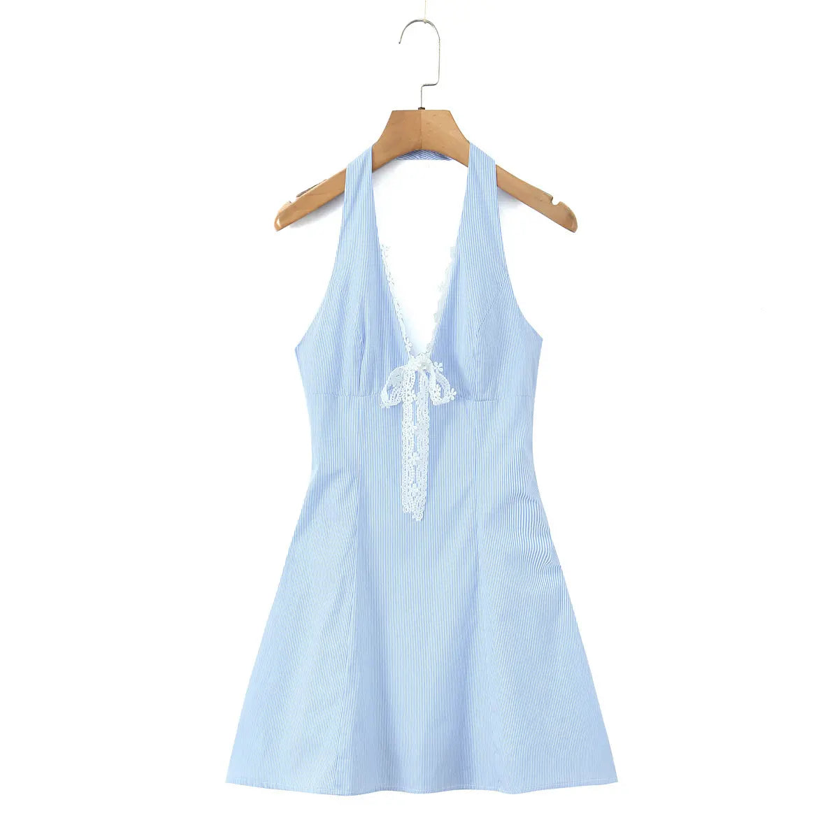 Full front view of a blue and white striped halter dress on a wooden hanger, showing the lace-trimmed V-neck and A-line silhouette.