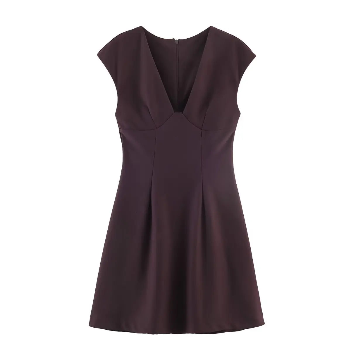 Full front view of a brown V-neck cap sleeve mini dress, showcasing the structured bodice, A-line skirt, and hidden back zipper.
