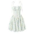 Full front view of a cream blue floral corset-style mini dress, featuring lace trim, tie straps, and lace hem.