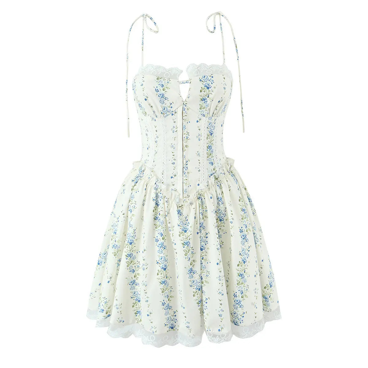 Full front view of a cream blue floral corset-style mini dress, featuring lace trim, tie straps, and lace hem.