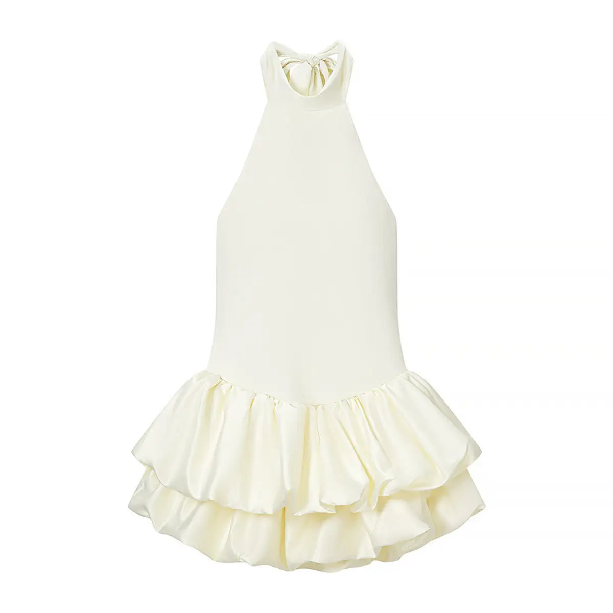Full front view of a cream halter neck mini dress, featuring a high neckline, fitted bodice, and double-layered ruffled skirt.