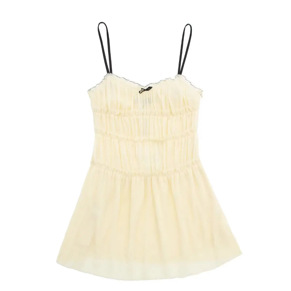 Full front view of a cream smocked cami mini dress, featuring black contrast straps, a small bow, tiered smocked bodice, and flowy skirt.