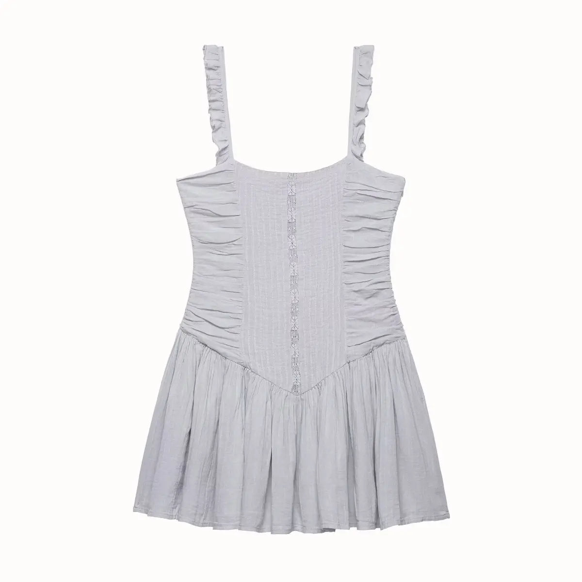 Full front view of a gray lace cami mini dress, featuring ruffled straps, ruched bodice, and gathered skirt.
