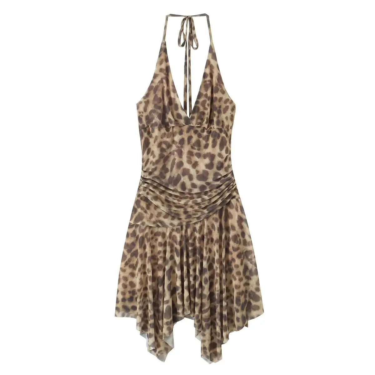 Full front view of a leopard print halter dress, showing the V-neck, ruched waist, and asymmetrical flowy hem.