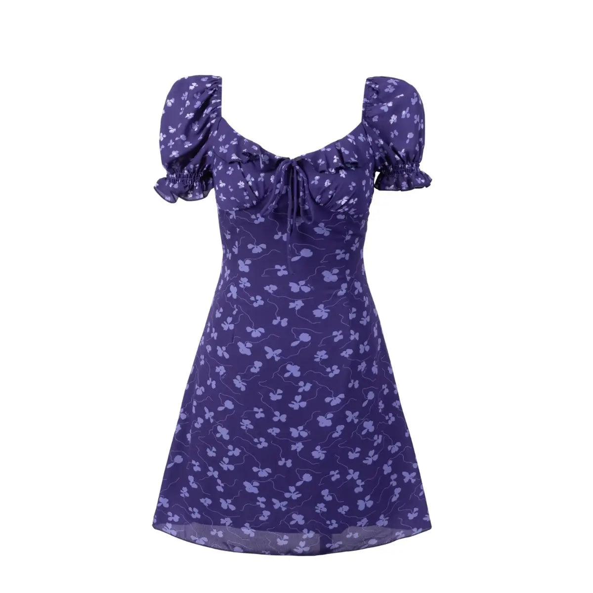 Full front view of a purple floral print mini dress with puff sleeves, featuring a sweetheart neckline with a ruffled trim and front tie detail.