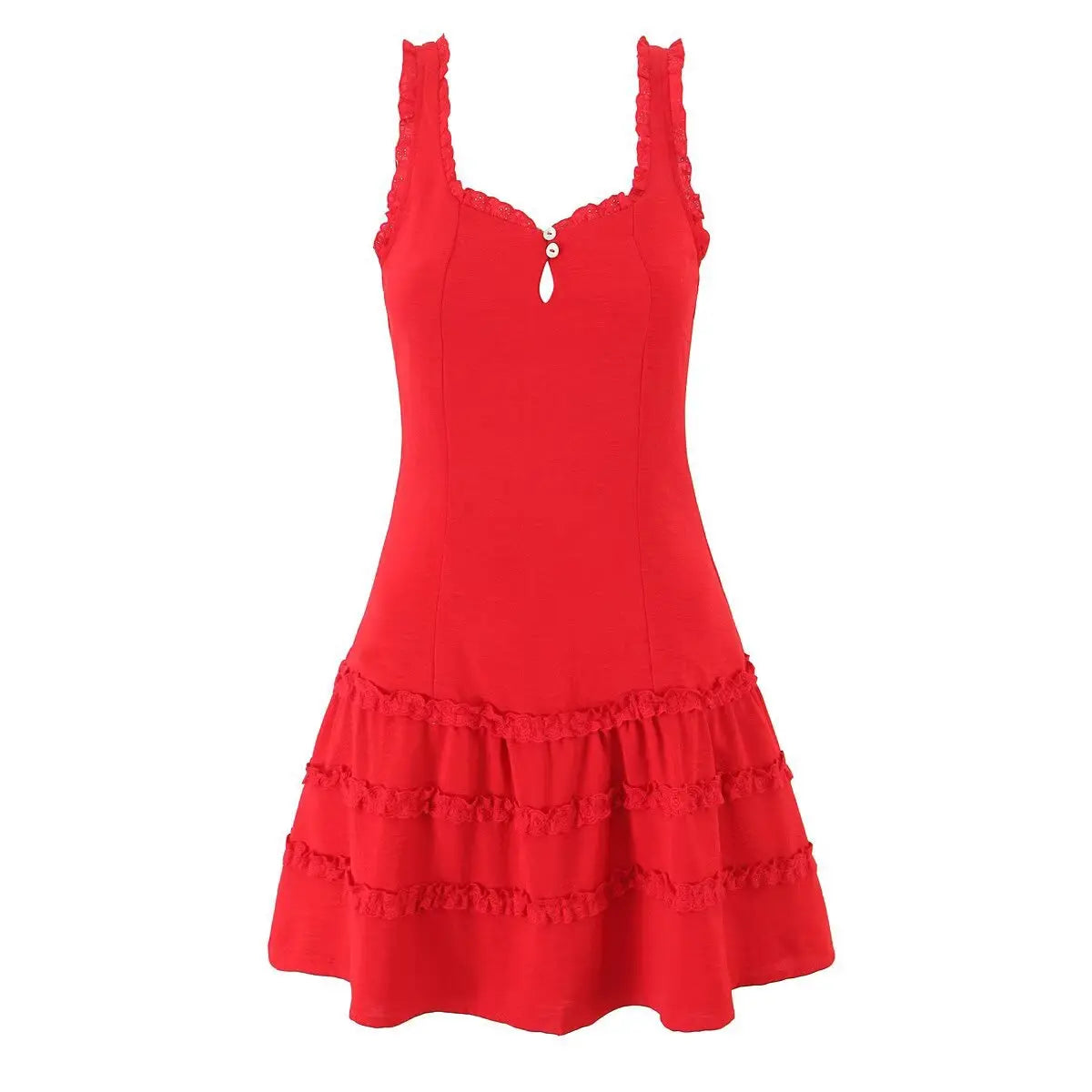 Full front view of a red lace-trimmed cami mini dress, featuring shell buttons, a keyhole cutout, and tiered lace skirt.