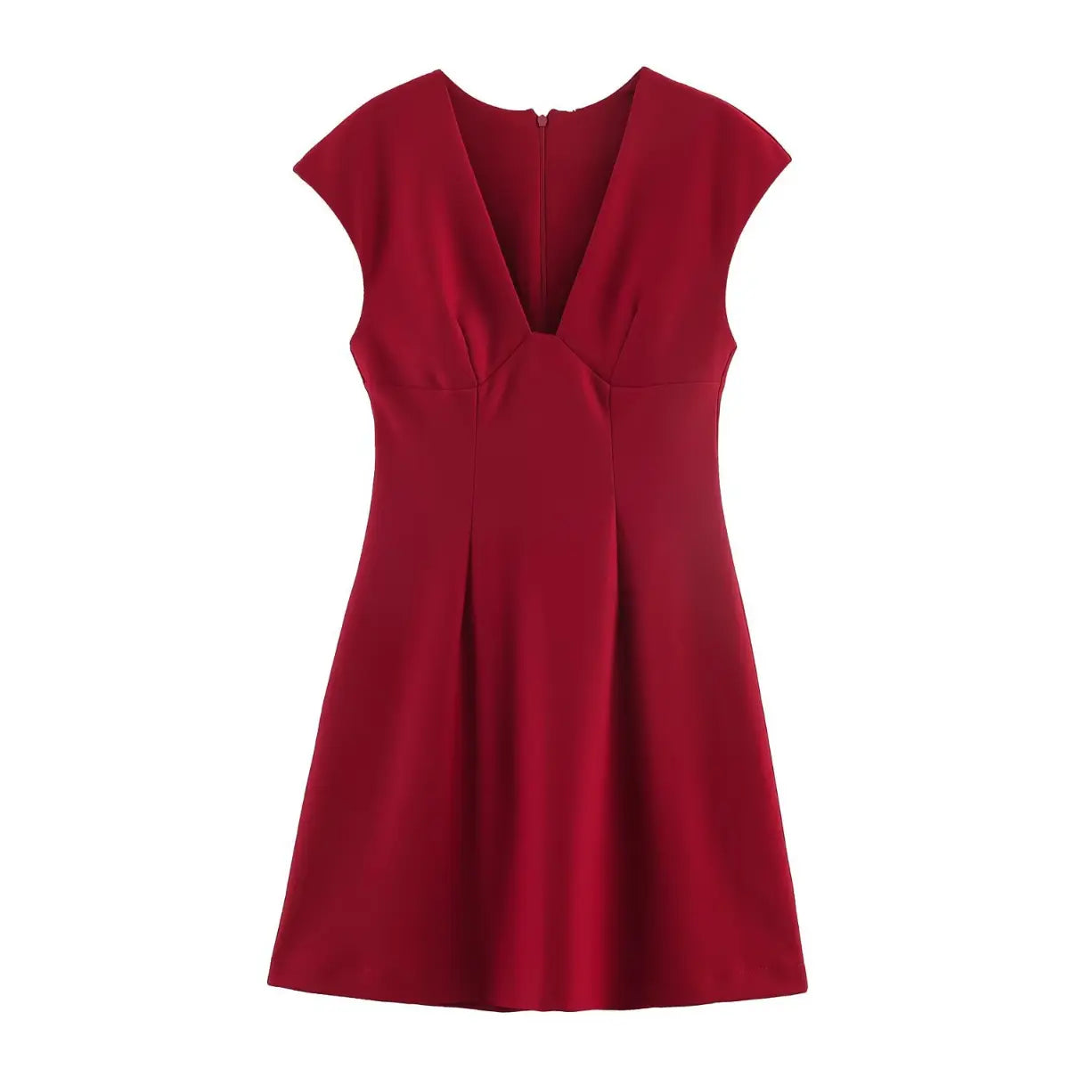 Full front view of a red V-neck cap sleeve mini dress, showcasing the structured bodice, A-line skirt, and hidden back zipper.