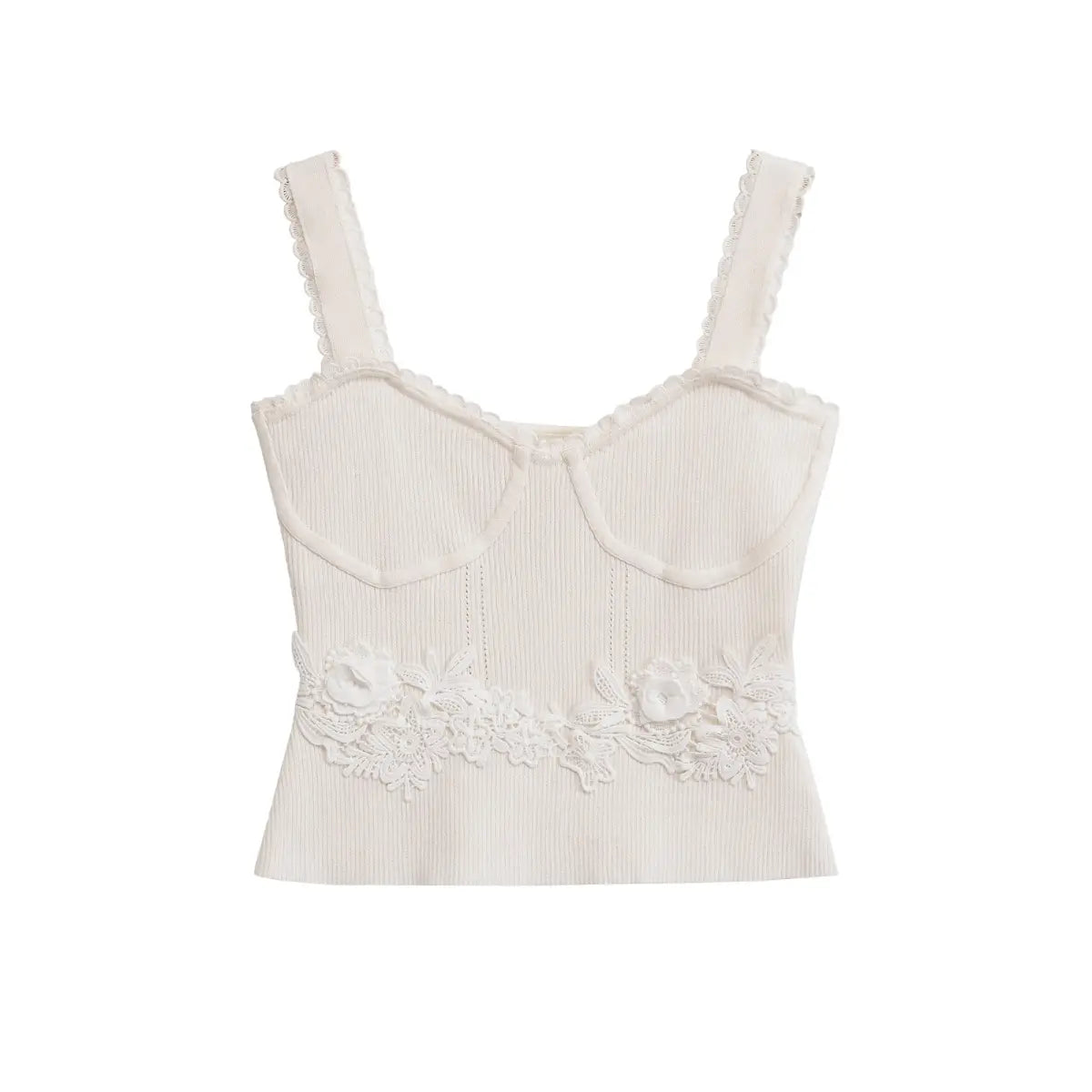  Full front view of a white ribbed cami top, featuring bustier-style seams, scalloped straps, and a floral lace waistband.
