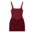  Full front view of a wine red corset sequin mini dress, featuring a square neckline, fitted bodice, and gathered sequin skirt.