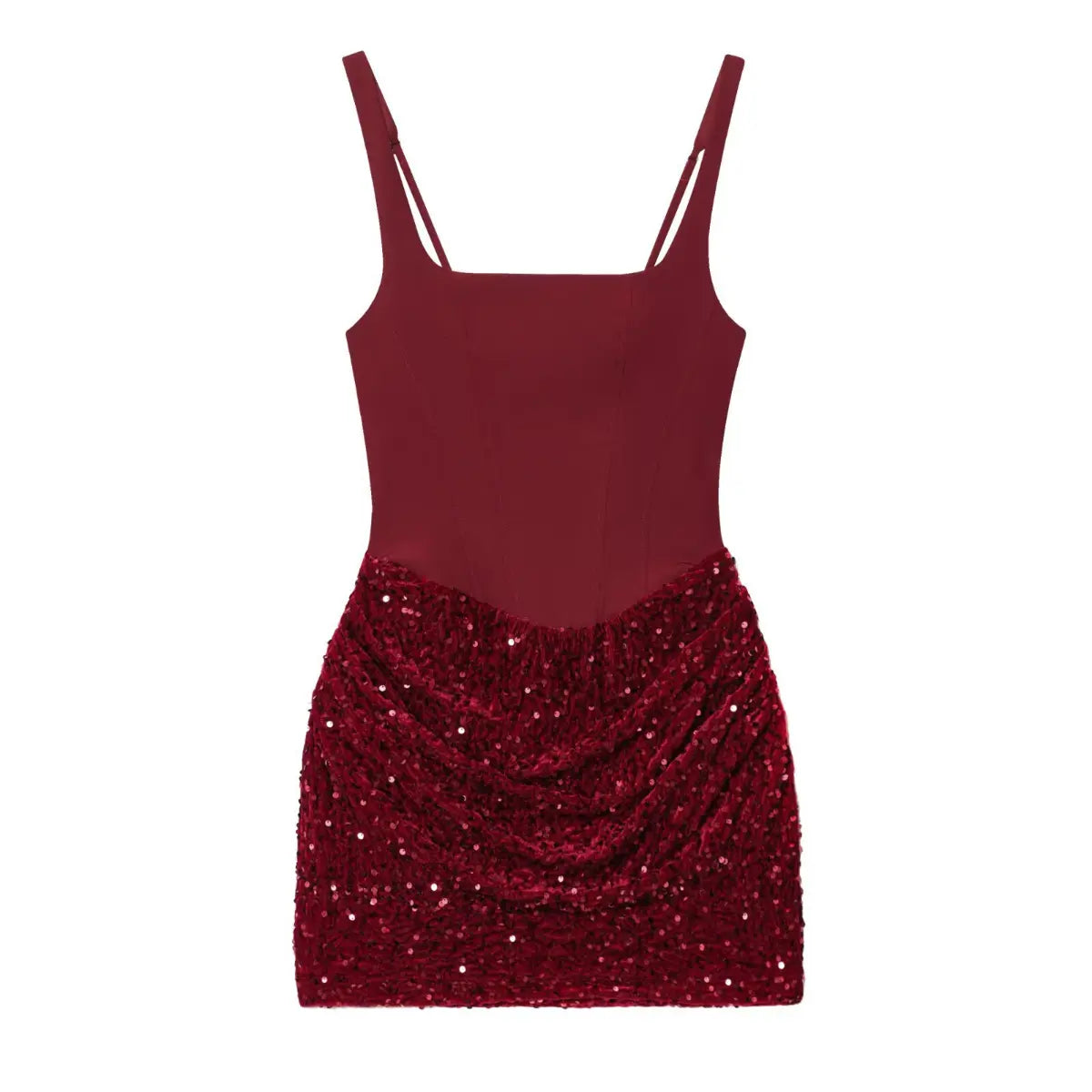  Full front view of a wine red corset sequin mini dress, featuring a square neckline, fitted bodice, and gathered sequin skirt.