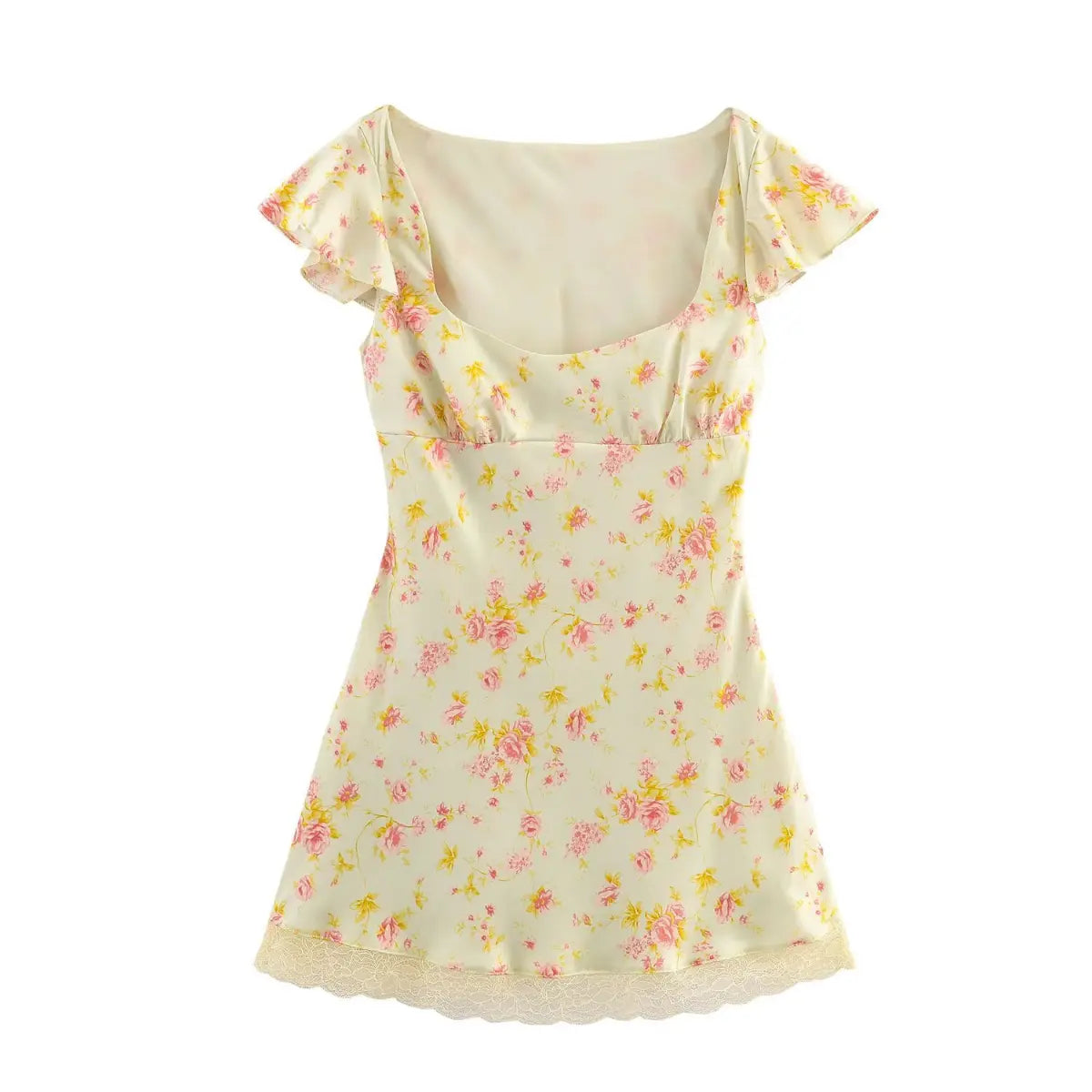 Full front view of a pale yellow floral mini dress, featuring a square neckline, ruffled cap sleeves, and lace hem.
