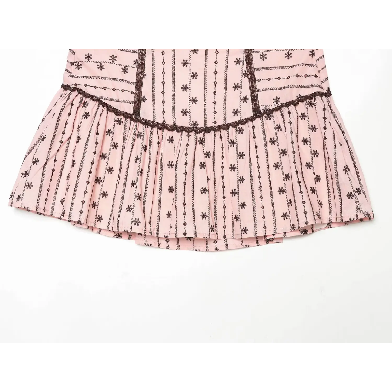 Lower skirt shot of full gathered flared ruffle hem with printed floral fabric